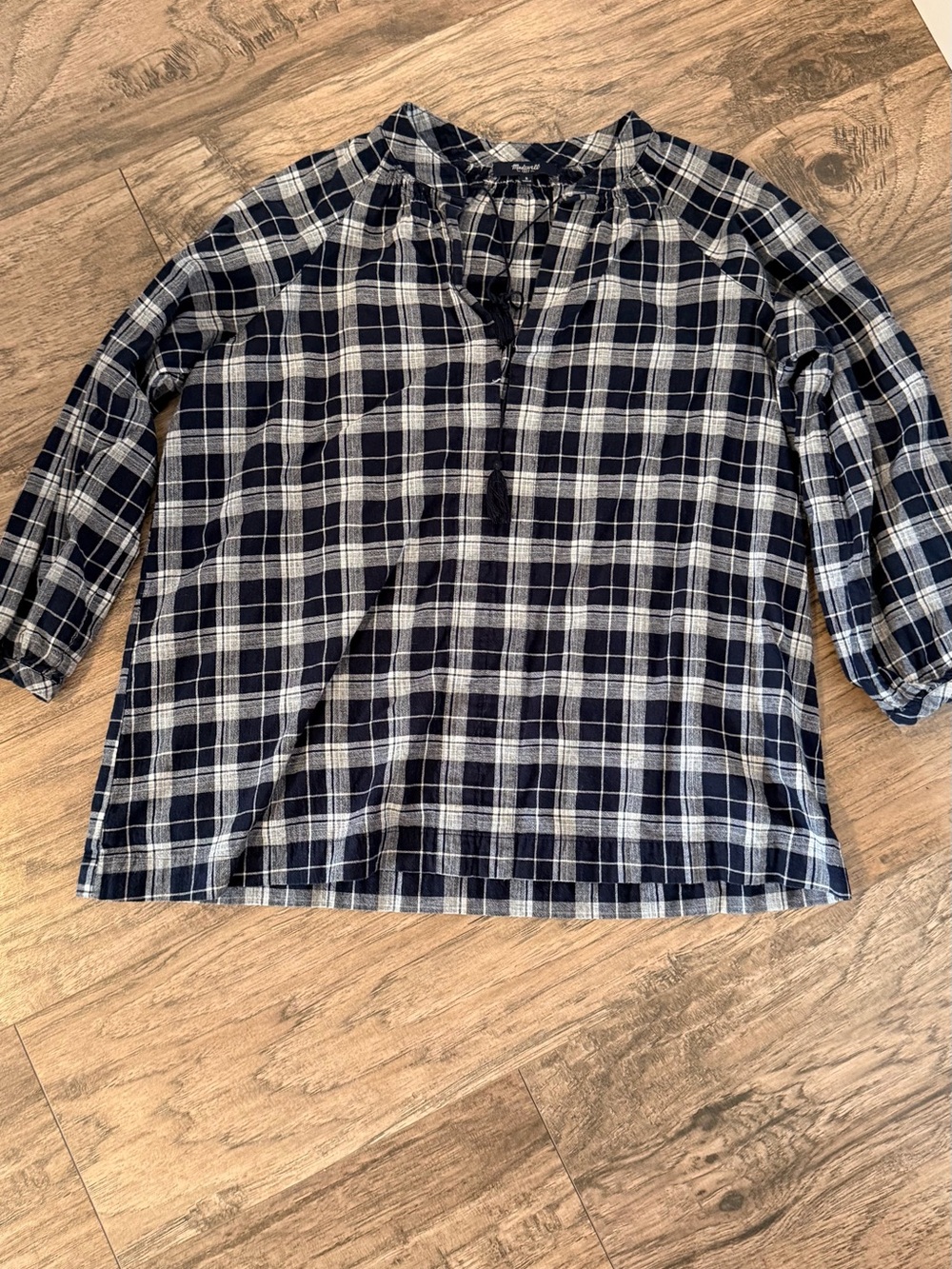 Madewell Navy and White Plaid Peasant Blouse